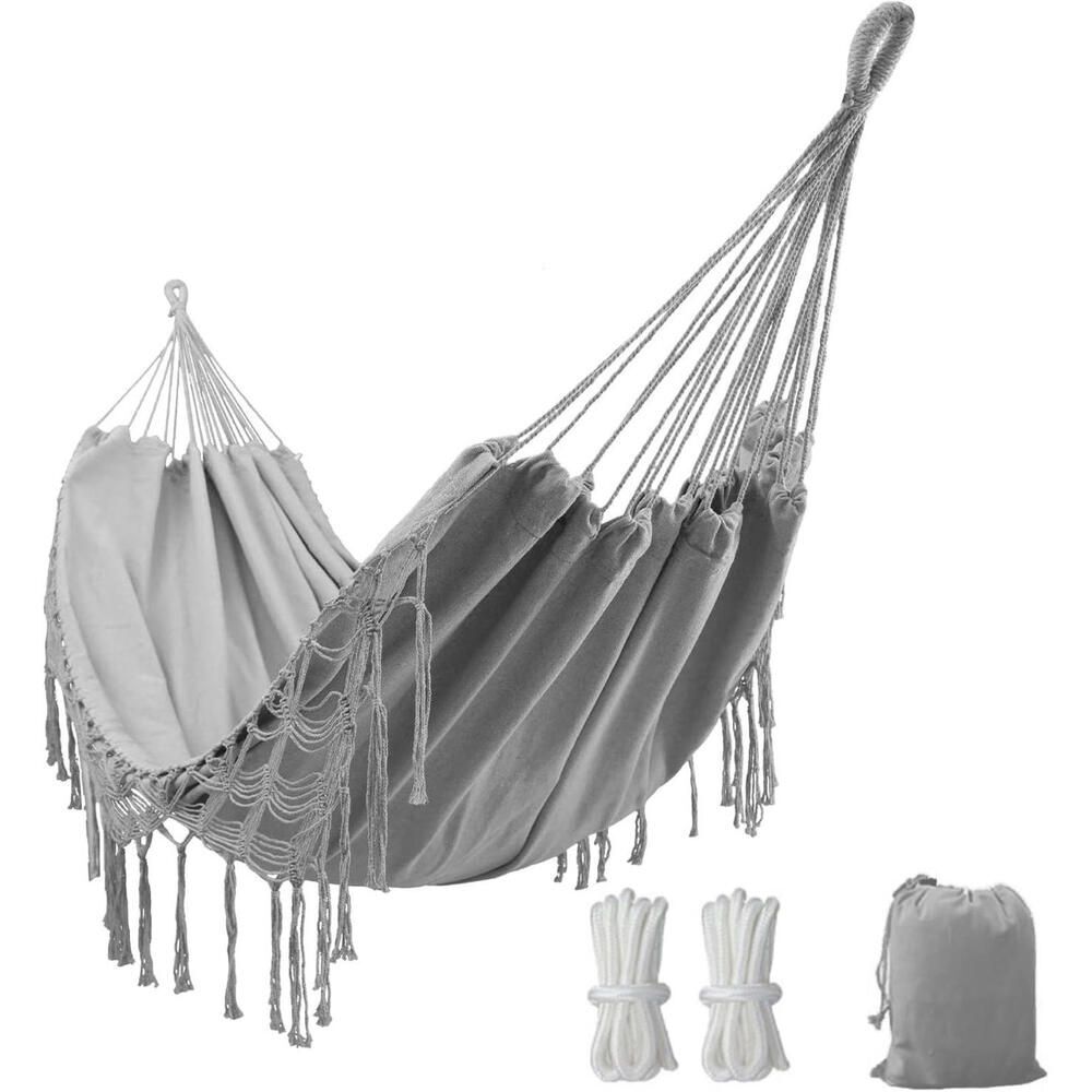 Double Boho Hammock with Elegant Tassels  Outdoor and Indoor Includes Tie Ropes